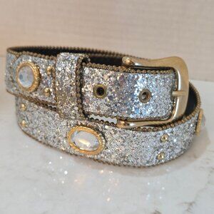 Elite‎ Silver Glitter Belt 1980's Size Medium Gold Accents & Rhinestones Bling